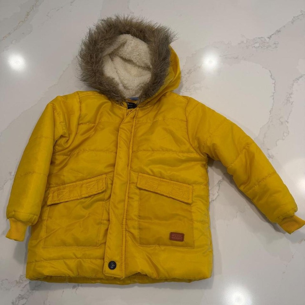 7 For All Mankind Puffer Jacket Toddler 3T Yellow Excellent Faux Fur Hood